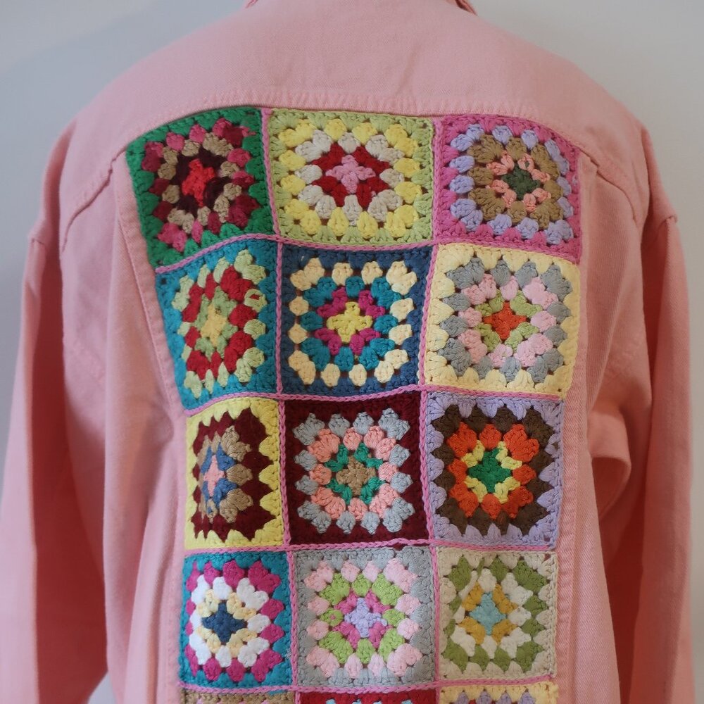 NWT Womens Regina (Item- 217) Pink Multicolor Crochet Motif Denim Jacket L - Picture 5 of 8